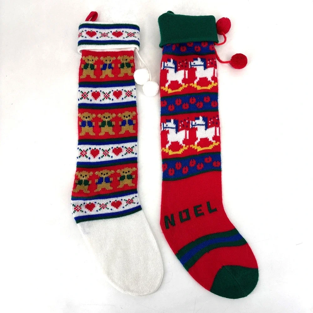 VTG Christmas Stocking LOT Kurt Adler Knit Hearts & Bears &‎ NOEL Rocking Horse